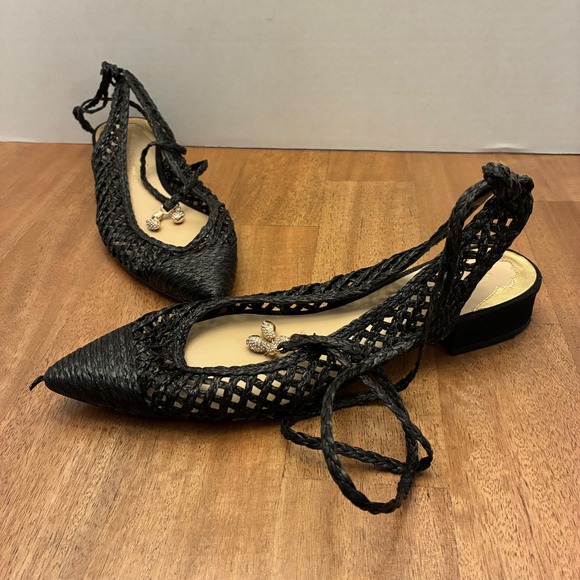 Jennifer Sumko Antonio Melani Black Woven Lace Up Leather Pointed Toe Heels 8.5 - Picture 1 of 12